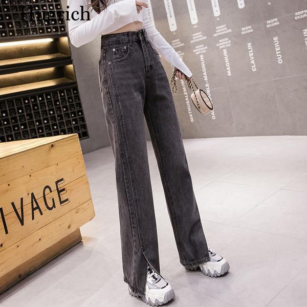 

high waist wide leg loose straight split hem jeans for women women's, Blue