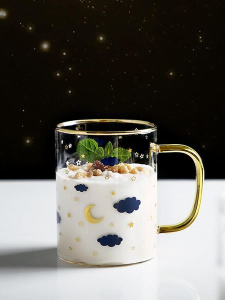 

cute transparent glass cup with blue flowers gold rim handle tea office household milk kitchen supplies wine glasses