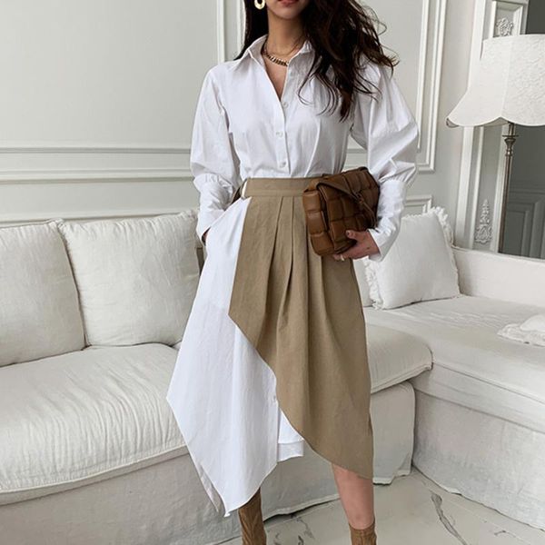 

casual dresses [ewq] 2021 fall clothes two piece set female 2 outfits for women irregular shirt dress pleated korean fashion suit, Black;gray