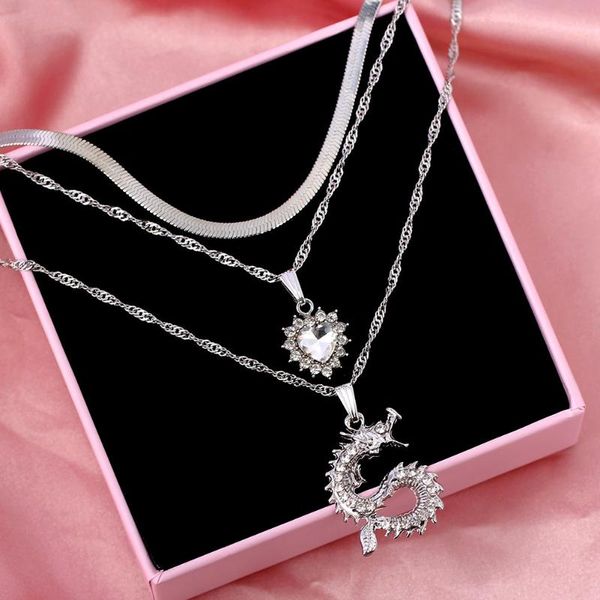 

punk crystal dragon love heart pendant necklace for women multilayer silver color snake chain choker trendy jewelry chains