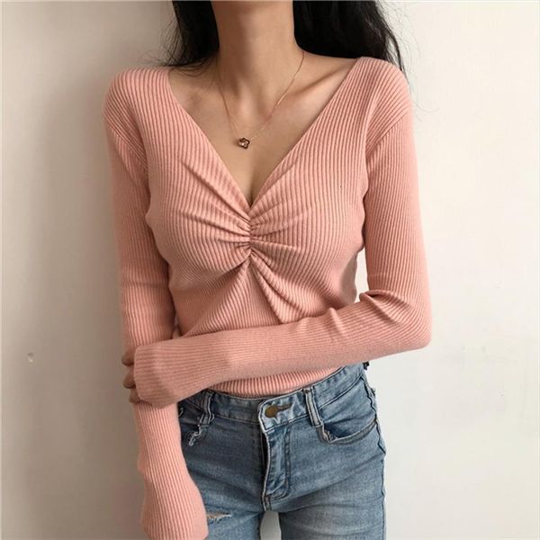 

v neck ruched womens sweater fashion jumper mujer autumn winter solid color long sleeve slim knit sweaters, White;black