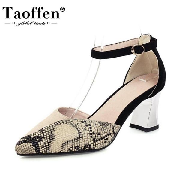 

taoffen summer women shoes fashion pointed toe sandals thick high heels snakeskin buckle lady footwear size 31-48, Black