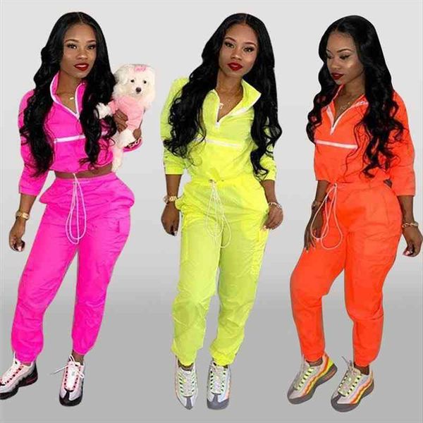 

2 piece outfits long sleeve womens pants zipper collar windbreaker crop drawstring set tracksuit, White