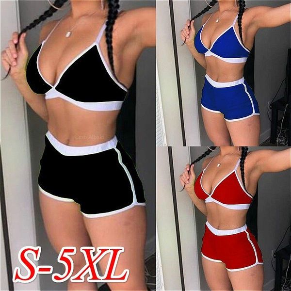 

3 color women's bikini sets fashion spaghetti strap v neck bra and elastic sports shorts swimming suit 2 pieces lingerie sets female se, Red;black
