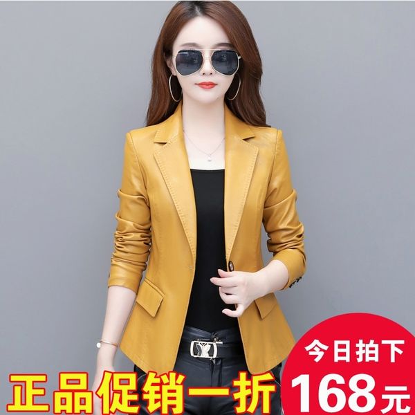 

707# new haining leather women's short coat slim fit korean large leather jacket small suit fashion, Black