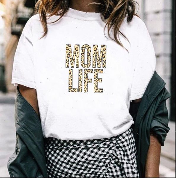 

leopard women t shirts mom life letter print shirt short sleeve o neck loose summer tee mujer, White