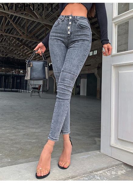 

women's casual single breasted pocket slim denim pencil pants autumn fashion solid color high waist jeans, Blue