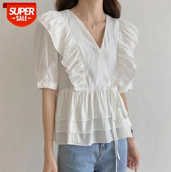 

[ou fan] 7281 puff sleeve lace-up shirt v-neck ruffled hem pleated women #sh6y, Black;gray