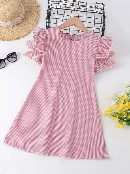 

girls gingham print ruffle trim dress she, Red;yellow
