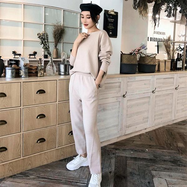 

women's two piece pants women sweater pullover knitted pant sets slim tracksuit spring autumn fashion sweatshirts suit female, White