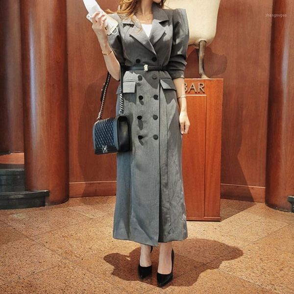 

winter windbreaker women double breasted sheath trench coat elegant chic sashes outerwear bussiness long women's wool & blends, Black