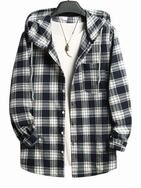 

men plaid print drawstring hooded shirt without tee e20a#, White;black