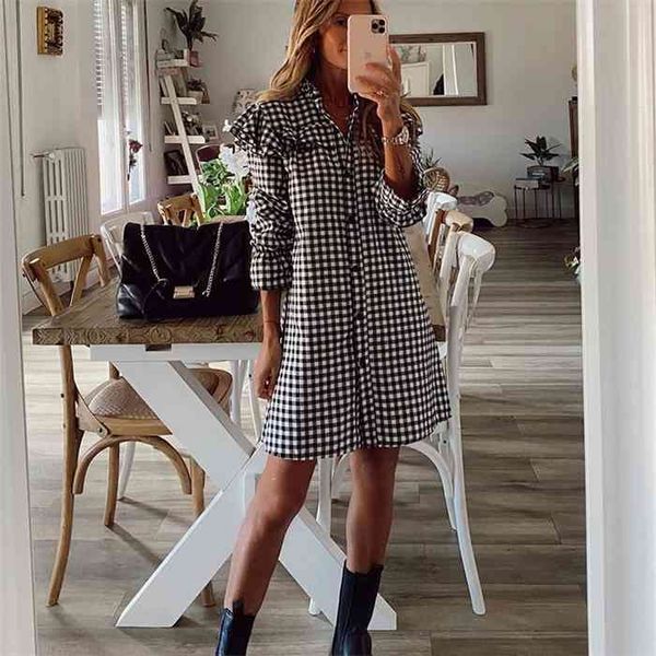 

women spring ruffle houndstooth office dress vintage casual plaid midi shirt dress ladies autumn long sleeve chic work vestidos, Black;gray