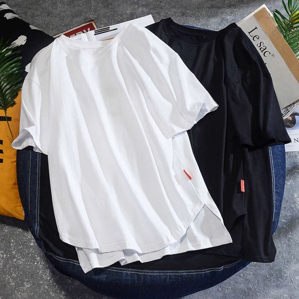 

men's t-shirts sleeve t-shirt men's national fashion ins hem short front and long back solid color bottom shirt with loose inside, White;black