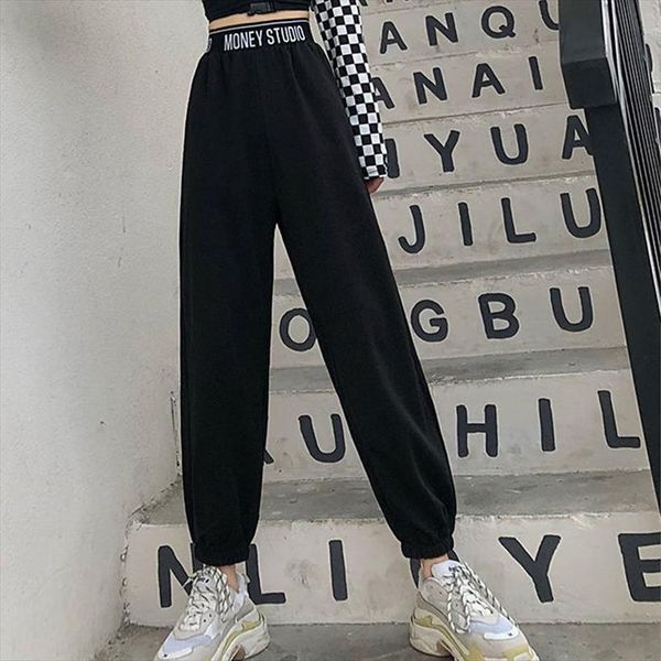 

casual harem fashion women capris high waist letter print hip hop ninth trousers black loose sport, Black;white