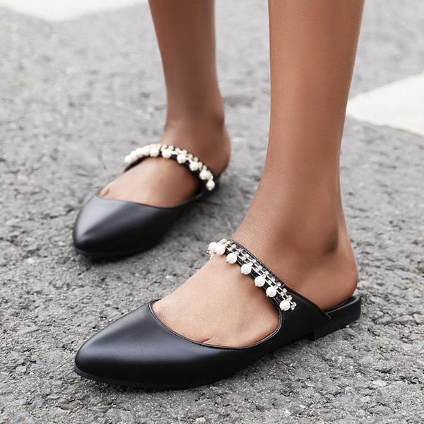 

slippers women slip on slides fashion pu flock pure color beading shoes breathable flat sandals mujer 2021 slipper, Black
