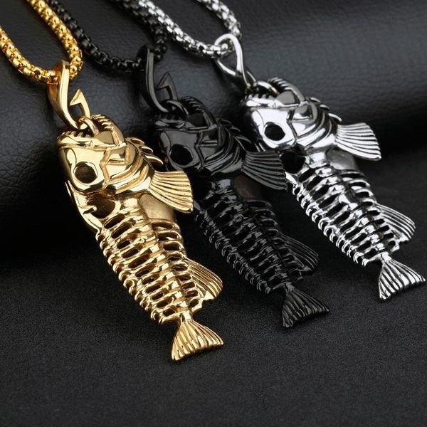 

hip hop chain necklace for men big fish bone statement pendant necklaces gold color stainless steel fishing jewelry chains, Silver