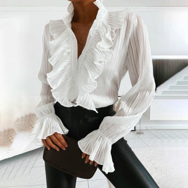 

women's blouses & shirts casual dot print ruffle blouse shirt autumn winter long sleeve women elegant office lady v-neck button blusa, White