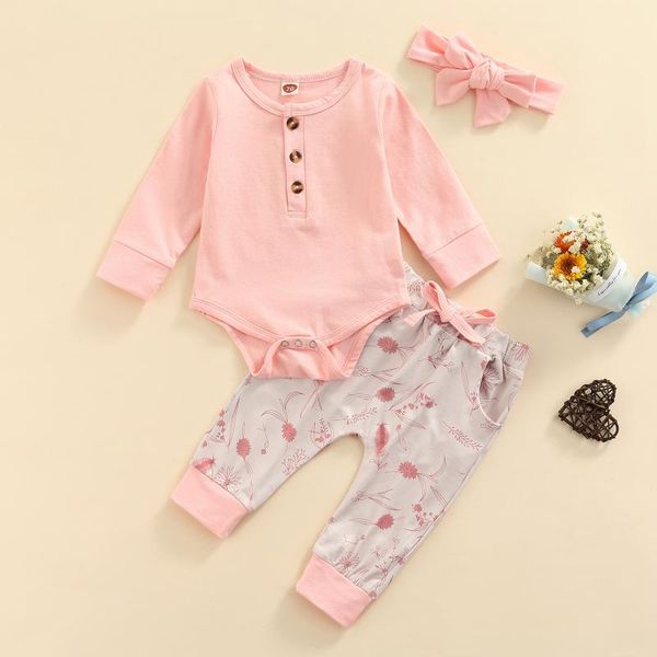 

clothing sets 3 pcs infant casual outfits, baby girls solid color long sleeve round neck playsuit + printed bow pants with pockets headband, White
