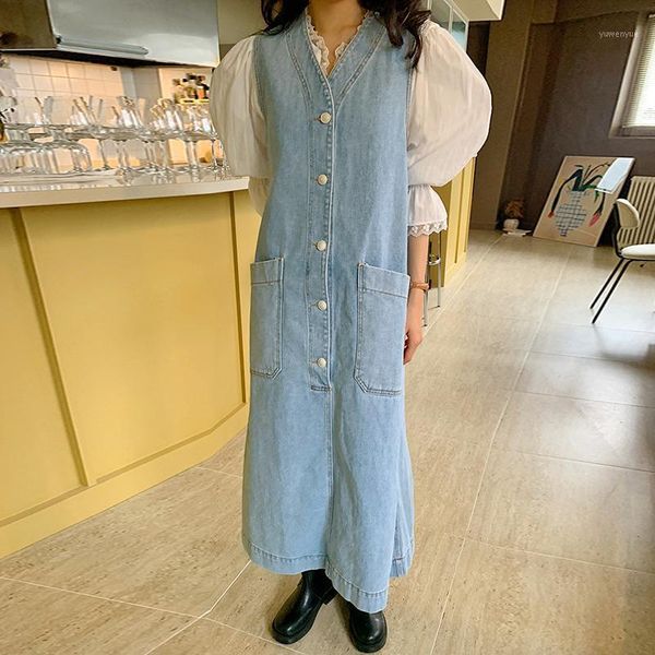 

casual dresses korea women dress sets 2021 korean versatile lace flared sleeve shirt and single breasted loose pocket denim vest skirt suit, Black;gray