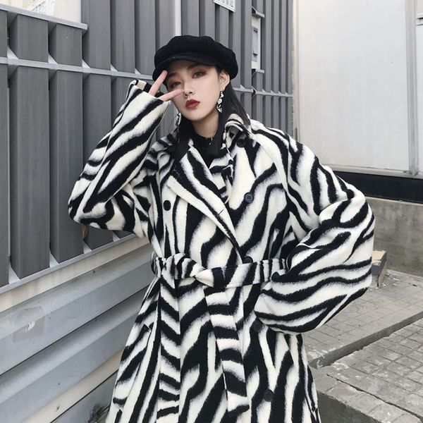 

getspring woolen zebra pattern striped winter wool coat vintage color matching bandage women overcoat new 201224, Black