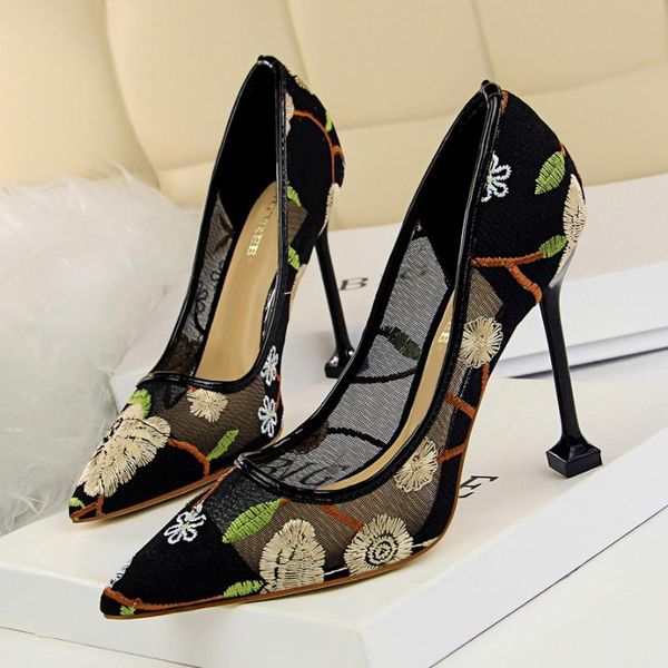

dress shoes 2021 women elegant high heels woman zapatos mujer tacon flower embroidery pumps bigtree lace stiletto heel, Black