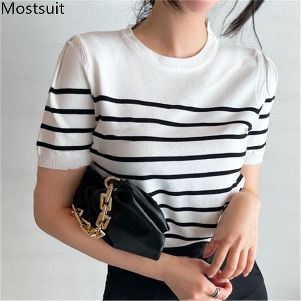 

korean thin striped knitted t shirt women summer short sleeve o-neck tees casual fashion basic female t-shirt 210513, White