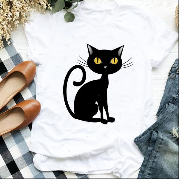 

cat cartoon autumn fall womens halloween printing print clothes graphic tee, White