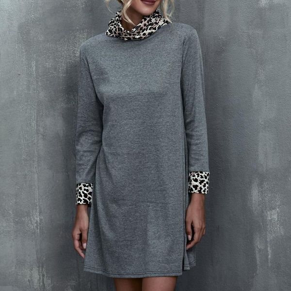 

casual dresses autumn winter elegant women's dress party fashion turtleneck long sleeve leopard patchwork loose club mini vestidos#g3, Black;gray