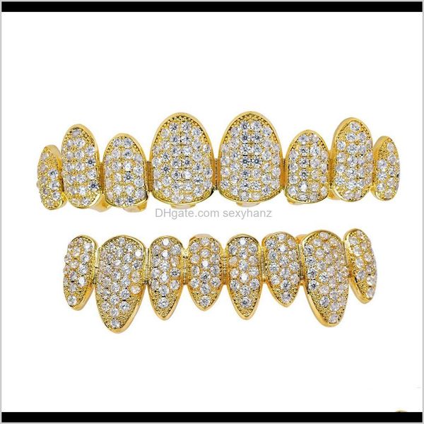 Grillz, Griglie dentali Gioielli per il corpo Drop Delivery 2021 Hiphop Rock Gold Rosegold White Zircon Denti Arriva Copper Upper Bottom Bretelle Grillz F