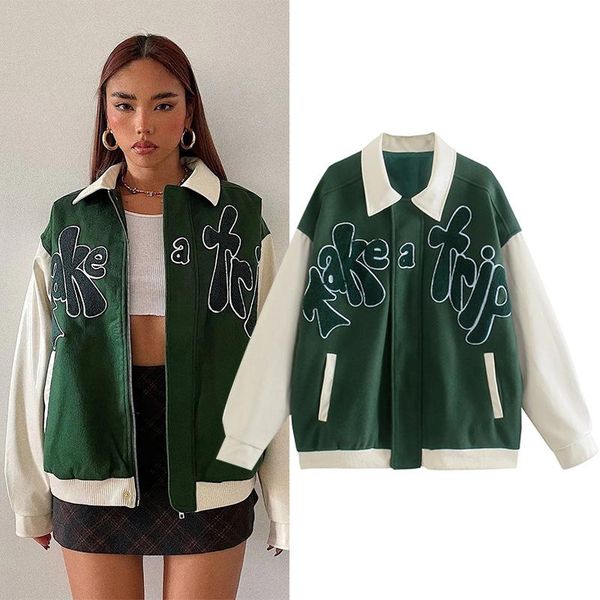 

women's jackets wesay jesi autumn jacket fashion green letters woman clothes long sleeve zipper patchwork classic coat streetwear, Black;brown