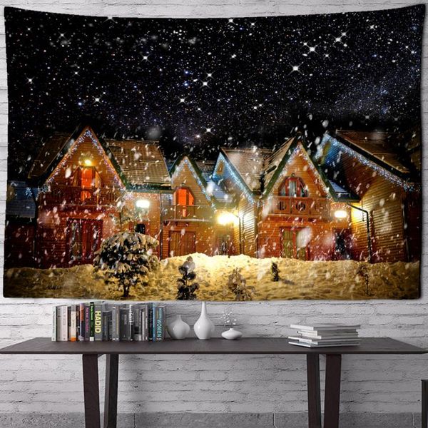 

tapestries snowing night view tapestry forest house christmas wall hanging illustration home living room decor