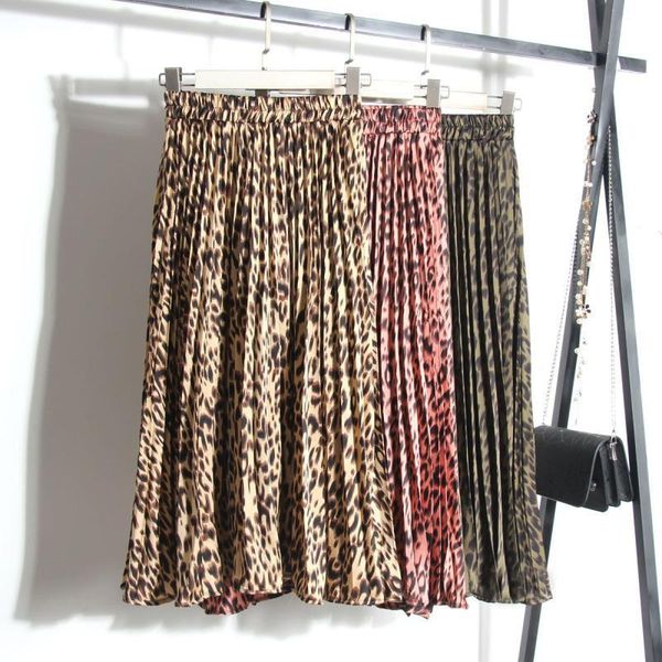 

skirts women leopard print pleated female autumn midi korean elegant a-line high waist skirt, Black