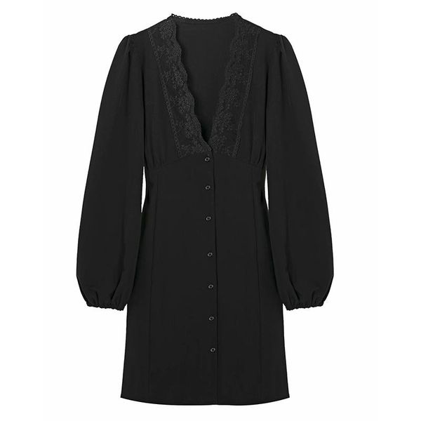 

casual dresses women summer lace vintage dress 2021 long sleeve buttons black v-neck female elegant street mini clothes vestidos, Black;gray