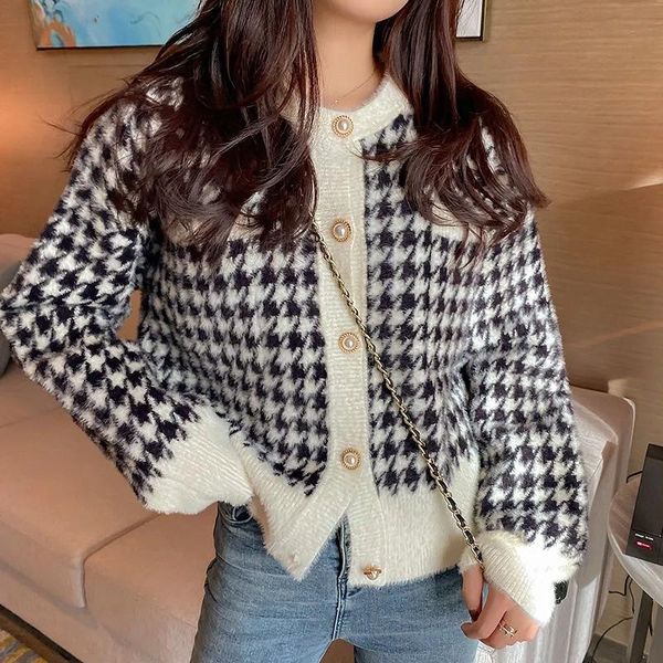 

women's knits & tees autumn women clothing houndstooth o-neck single breasted pearl button cropped sweater cardigan imitation mink flee, White