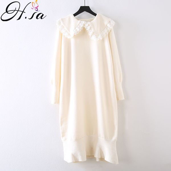 

h.sa women spring arrivals sweet ruffles long sweater dresses cute neck turn down collar white lace dress pull femme 210417, White;black