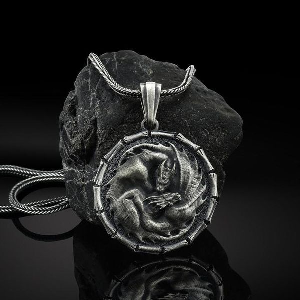 

round dragon necklace double pterosaur pendant men's nordic amulet tag sweater chain, Silver