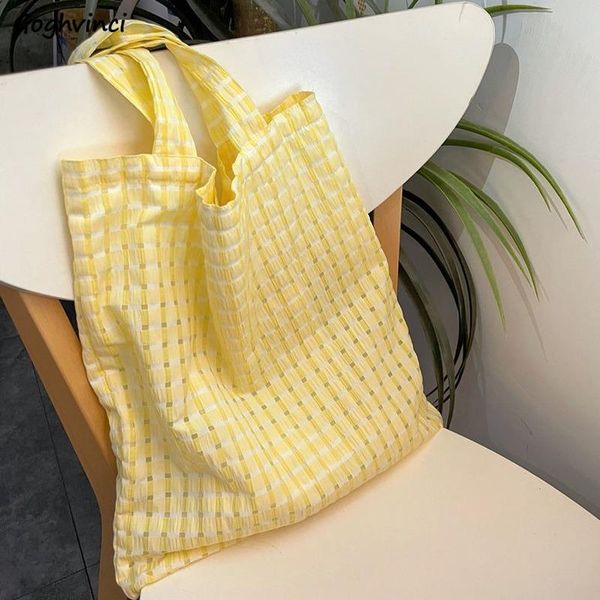 

evening bags large capacity shoulder women yellow canvas shopping bag versatile plaid panelled all-match fashion korean chic streetwear