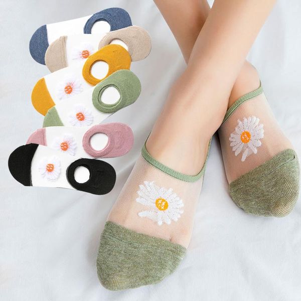 

socks & hosiery 1 pair summer women ultra-thin transparent glass fiber silk fashion daisy flower short ankle, Black;white