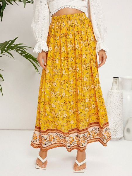 

floral allover print skirt c938#, Black