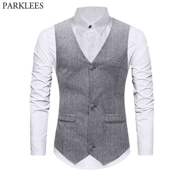 

men's wool herringbone tweed vest brand slim fit sleeveless vest waistcoat men formal business wedding chaleco hombre 210522, Black;white