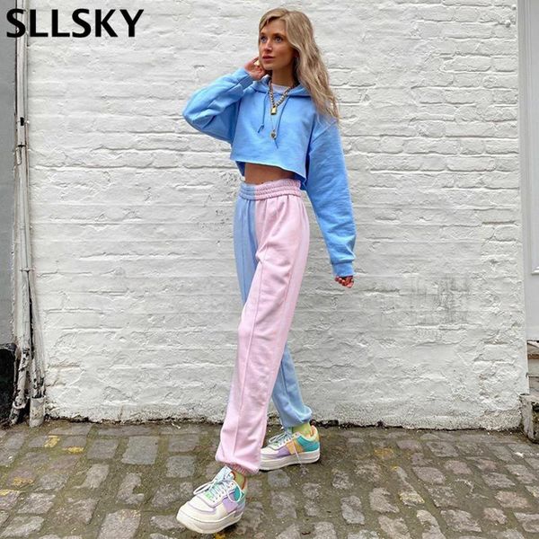 

sllsky elastic waist patchwork straight women summer 2021 high casual fashion jogger pants streetwear female trousers women's jeans, Blue