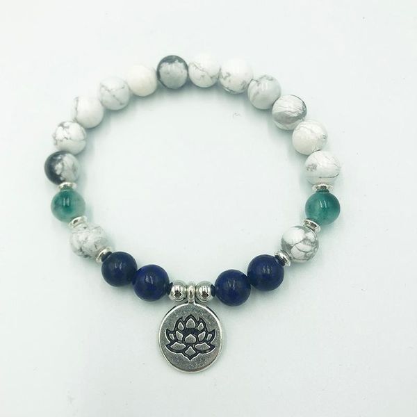 

charm bracelets 8mm howlite & lapis lazuli beaded mala bracelet healing crystals for creativity communication anxiety stress relief, Golden;silver