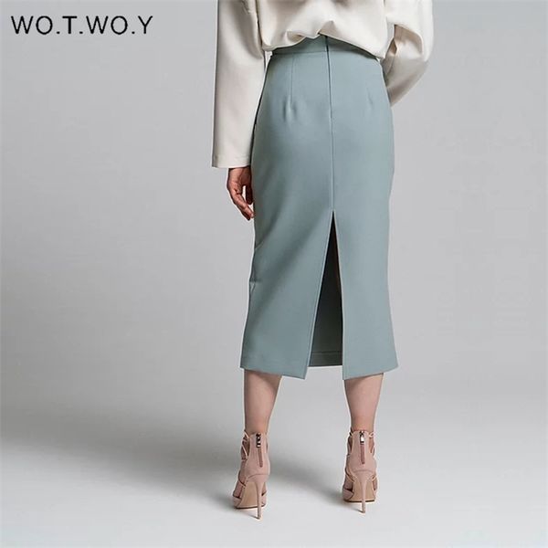 

wotwoy high waist wrapped split skirts women elegant solid pencil skirt female slim fit zipper mid-calf faldas mujer office lady, Black;gray