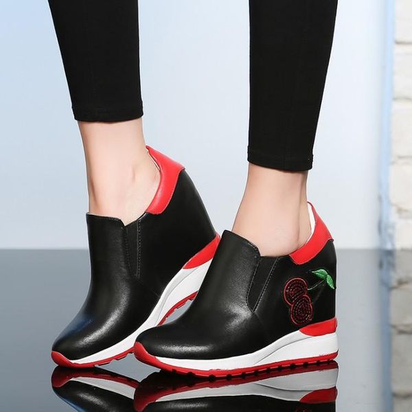 

dress shoes 2021 cowhide high heels women casual wedges sneakers platform height increasing slip on female footwear, Black