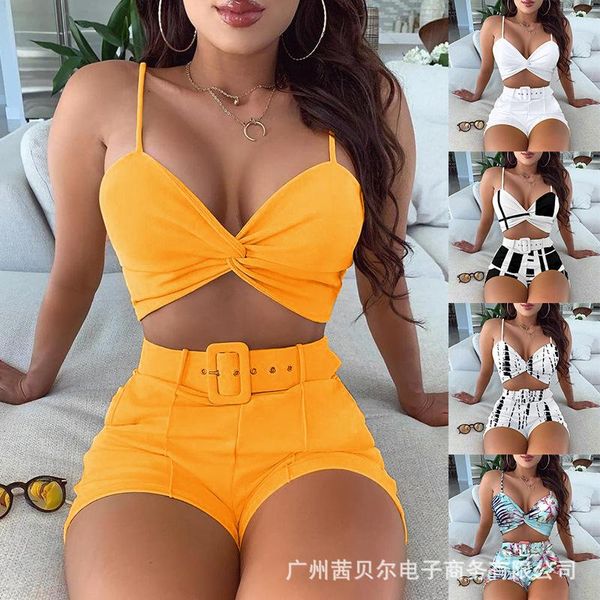 

women's tracksuits crop set 2-piece club suit sling wrap and high waist shorts, Gray