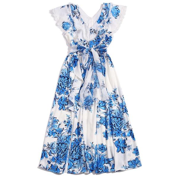 

casual dresses 2021 spring summer women's dress vintage blue flower print elegant temperament vacation party mid-length with belt vesti, Black;gray
