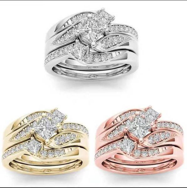 

wedding rings luxury princess 3pcs set yellow gold color cz zircon stone for women bridal anniversary engagement ring jewelry, Slivery;golden