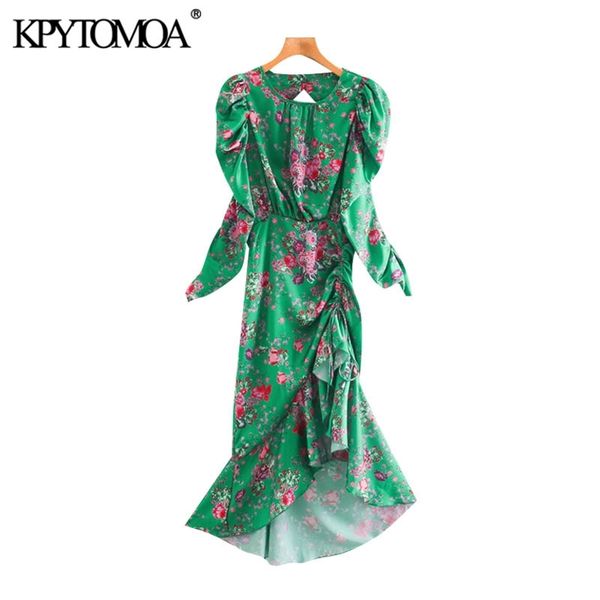 

kpytomoa women fashion floral print pleated asymmetrical midi dress vintage backless zipper ruffled female dresses mujer 210409, Black;gray