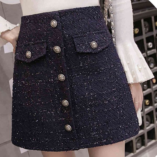 

casual dresses new fake pocket woman winter woolen hairy mini skirt black pleated stripe sequin button high waist skirts womens jupe femme g, Black;gray